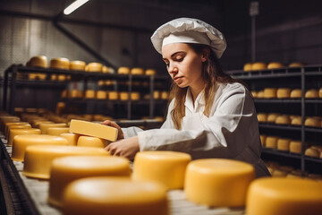 Caucasian cheese maker in factory facility. Woman cheese maker in factory, wearing white uniform, checking cheese. Generative AI