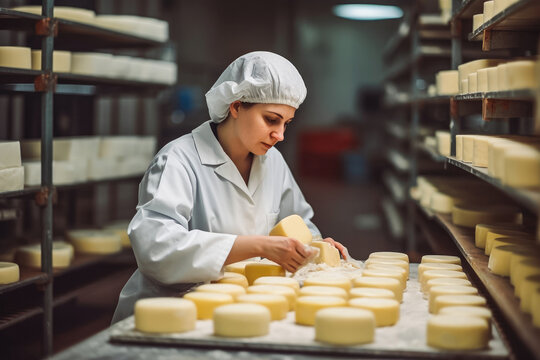Caucasian cheese maker in factory facility. Woman cheese maker in factory, wearing white uniform, checking cheese. Generative AI