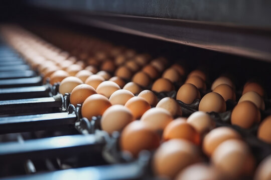 Chicken eggs move along conveyor in a poultry farm. Farming, agriculture, factory, food industry. Generative AI