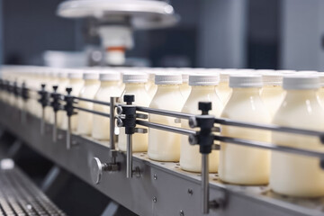 Milk factory production. Fresh Milk Bottles Moving on the Conveyor Belt at a Dairy Plant. Generative AI