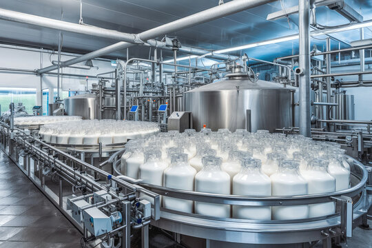 Milk factory production. Dairy products factory. Technological equipment in modern dairy plant. Construction on food production. Generative AI