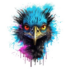 Dark Bronze and Azure Neonpunk Lith Print of a Colored Emu Head with Colorful Paint for Posters and Web. Generative AI