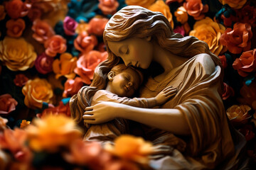 Wooden carving of a mother and child, resting on a bed of vibrant flower petals.