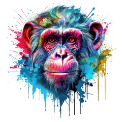 Colorful Monkey Head with Dark Bronze and Azure Neonpunk Style Lith Print. Perfect for Posters and Web. Generative AI
