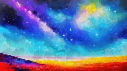 Night sky with stars and clouds over the sea. Digital painting. adapted for print on canvas, paper, textile. Real textured brush strokes 3d effect after printing