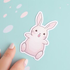 Obraz premium A cute cartoon rabbit sticker with a blue background, exuding playful and cheerful vibes. The rabbit is depicted in a delightful and animated pose, Generative AI