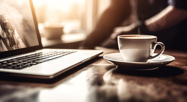 an open laptop with a man sitting to the side and a cup of coffee