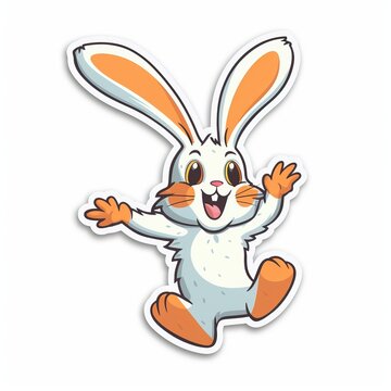 A cute cartoon rabbit sticker with a white background, exuding playful and cheerful vibes. The rabbit is depicted in a delightful and animated pose, Generative AI