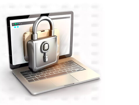 Laptop with a padlock on a white background. Network security. Banner. Generative AI