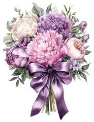 Elegant Wedding Bouquet with Detailed Lilac and Peony Illustration. Perfect for Invitations and Scrapbooking. Generative AI