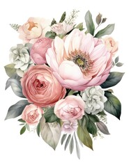 Elegant Wedding Bouquet with Small Eucalyptus Accent and Satin Watercolor. Perfect for Invitations and Scrapbooking. Generative AI