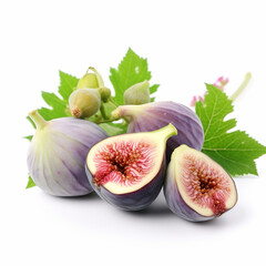 Obraz premium Ripe appetizing fig fruit and a half on a white background close-up, a healthy fruit, a good background for packaging design, ai generative