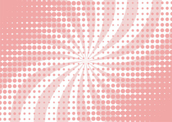 Halftone dots with wavy rays on abstract pink and white background. Comic pop art style with sunburst rays.