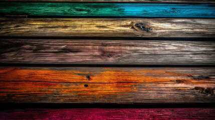 An abstract colorful multicolour wood plank texture background. A.I. generated.
