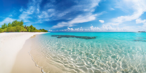 Beautiful sandy beach with white sand and rolling calm wave of turquoise ocean on Sunny day on background white clouds in blue sky.colorful perfect panoramic natural landscape, generative ai