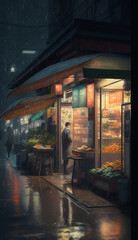 Illustration of night markets in japan, rain, night streets, neon lights, japanese city, generative AI