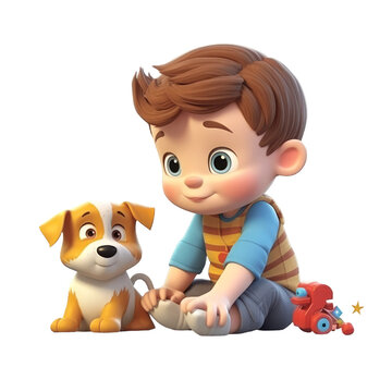 Cute cartoon style baby boy play with dog. Transparent isolated background. AI generated