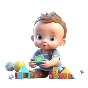 Cute cartoon style baby boy play with toys. Transparent isolated background. AI generated