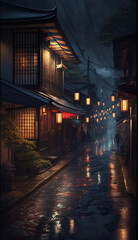 Fototapeta na wymiar Traditional Japanese Town at Night, Classic, Retro, After the Rain, Illustration, Generative AI