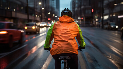 Cyclist Speeding Down the busy city Road at night, neon lights, generative AI