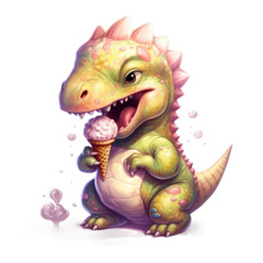 Obraz premium Cute Dino eating ice cream. Transparent isolated background. AI generated