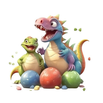 Cute Dino play with friends. Transparent isolated background. AI generated