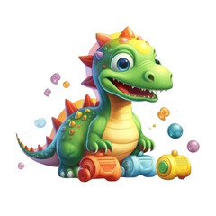 Cute Dino play with toys. Transparent isolated background. AI generated