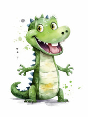 Fototapeta premium Watercolor Cute Crocodile Cartoon Nursery Illustration Isolated on White Background. Colorful Digital Animal Art for Kids