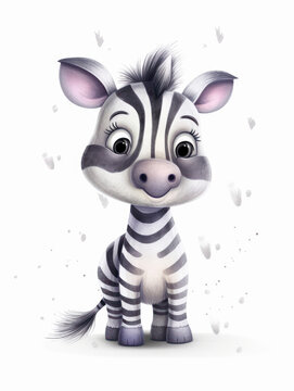 Watercolor Cute Zebra Cartoon Nursery Illustration Isolated on White Background. Colorful Digital Animal Art for Kids