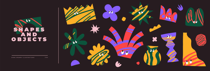 A collection of fun abstract graphic and floral shapes with eyes. Multicolored shapes and objects on a dark background. Elements of minimalism in the style of modern art. Vector illustration.
