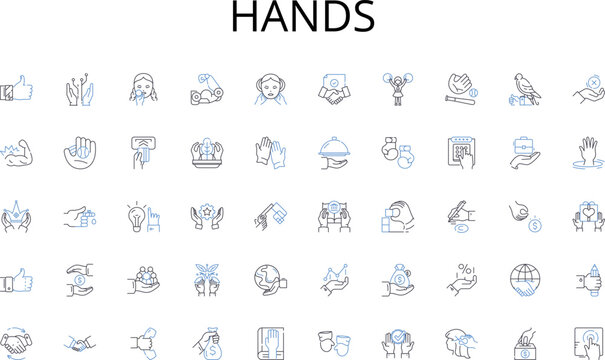 Hands line icons collection. Schools, Universities, Academies, Institutes, Colleges, Polytechnics, Vocational vector and linear illustration. Technical,Seminaries,Conservatories outline signs set
