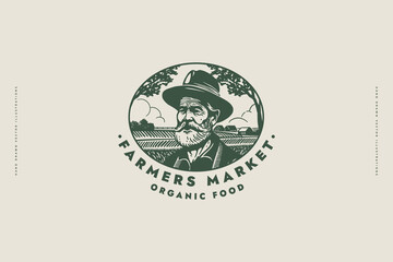 Logo template with an elderly farmer on the background of the field. Emblem with a hand-drawn portrait of a farmer in a hat on a light isolated background. Illustration on the theme of agriculture.