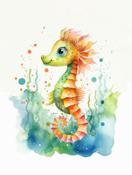 Watercolor Cute Sea Horse Cartoon Nursery Illustration Isolated on White Background. Colorful Digital Animal Art for Kids