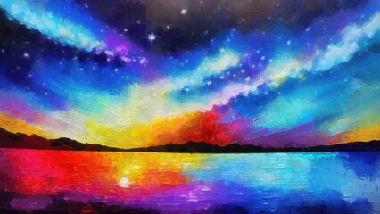 Fototapeta na wymiar Beautiful night sky with stars and sea watercolor painting illustration. abstract colorful background with space for your text, watercolor painting