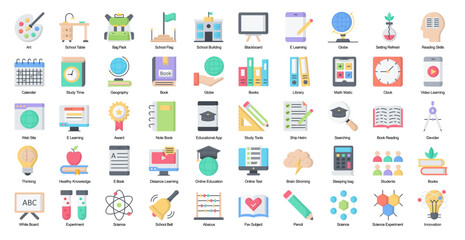 School Flat Iconset Education Graduation Learning Color Icon Bundle in Black