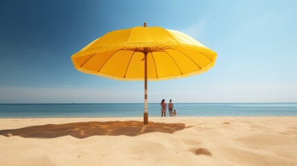 Fototapeta na wymiar umbrella in the sand on the beach in summer with couple walking, generative ai