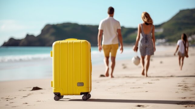 suitcase on the sand of the beach in summer with couple walking, generative ai
