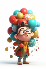 Fototapeta na wymiar Animated young explorer with a bunch of vibrant balloons and a world globe, showcasing the joy of adventures and travel. Ideal for educational and exploratory themes.