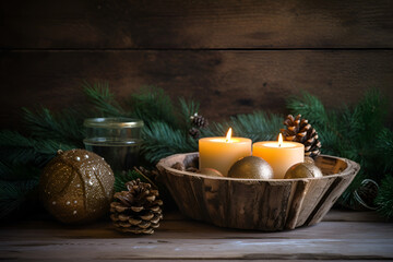 Rustic Christmas background with fir branches and decoration on dark wooden boards with space for text, generative AI content.