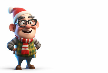 Animated elder man in winter attire, with glasses and a cheerful smile, embodying the warmth and joy of the Christmas season.