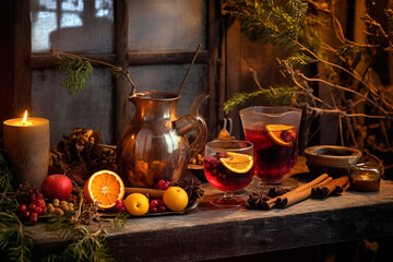 Fototapeta na wymiar Christmas mulled wine with spices and fruits on a rustic wooden table, generative AI content.