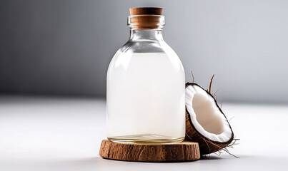 Close up coconut oil bottle on white counter, with extra virgin fresh coconut ,organic essential drop extract from natural composition with copy space on white background, Generative AI