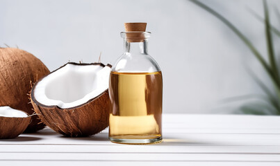 Close up coconut oil bottle on white counter, with extra virgin fresh coconut ,organic essential drop extract from natural composition with copy space on white background, Generative AI