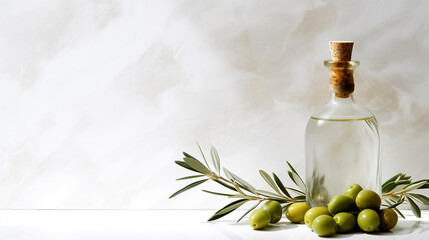 Close up olive oil bottle on white counter, with fresh extra virgin olive, organic essential drop extract from natural composition with copy space on white background, Generative AI