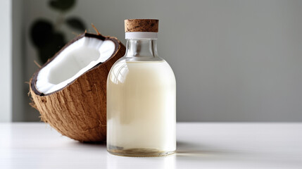 Close up coconut oil bottle on white counter, with extra virgin fresh coconut ,organic essential drop extract from natural composition with copy space on white background, Generative AI