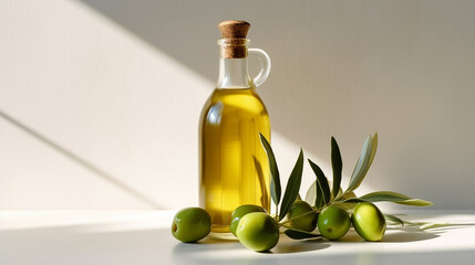 Close up olive oil bottle on white counter, with fresh extra virgin olive, organic essential drop extract from natural composition with copy space on white background, Generative AI