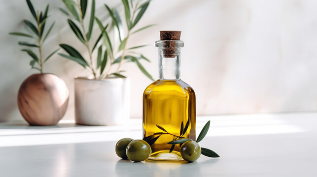 Close up olive oil bottle on white counter, with fresh extra virgin olive, organic essential drop extract from natural composition with copy space on white background, Generative AI