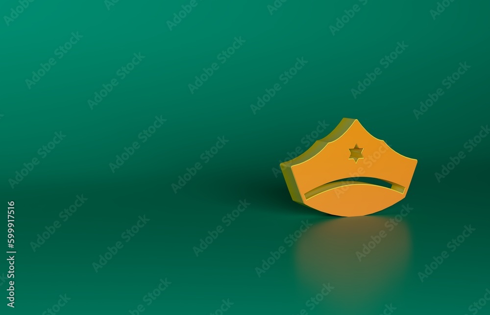 Poster orange police cap with cockade icon isolated on green background. police hat sign. minimalism concep