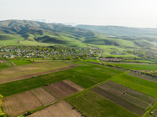 Aerial view of fields during spring