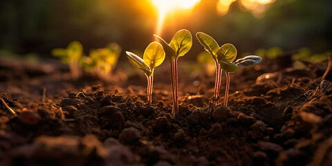 plant sprouts growing among dirt soil with sun coming out